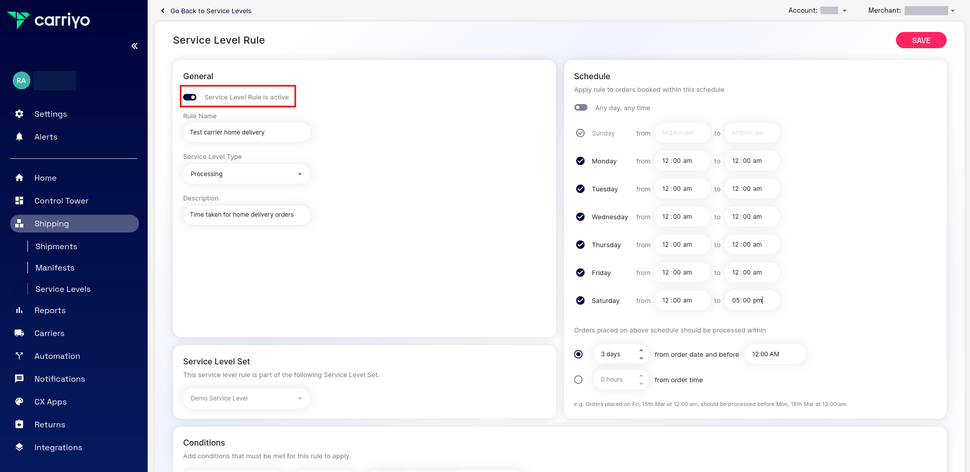 How to set up Service Level Rules CARRIYO